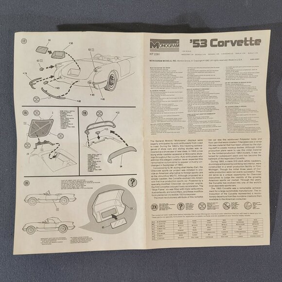 MONOGRAM ‘53 Corvette 1/24 Scale Model New Open Box 2291 - Picture 6 of 8